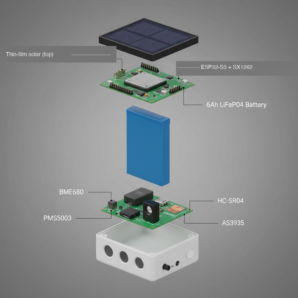 Exploded technical illustration of the WanderSafeMesh node showing top thin-film solar panel, PCB with ESP32-S3 + SX1262 LoRa module, LiFePO4 battery cell, and four sensors (BME680 atmospheric, PMS5003 air quality, HC-SR04 ultrasonic flood, AS3935 lightning detection).