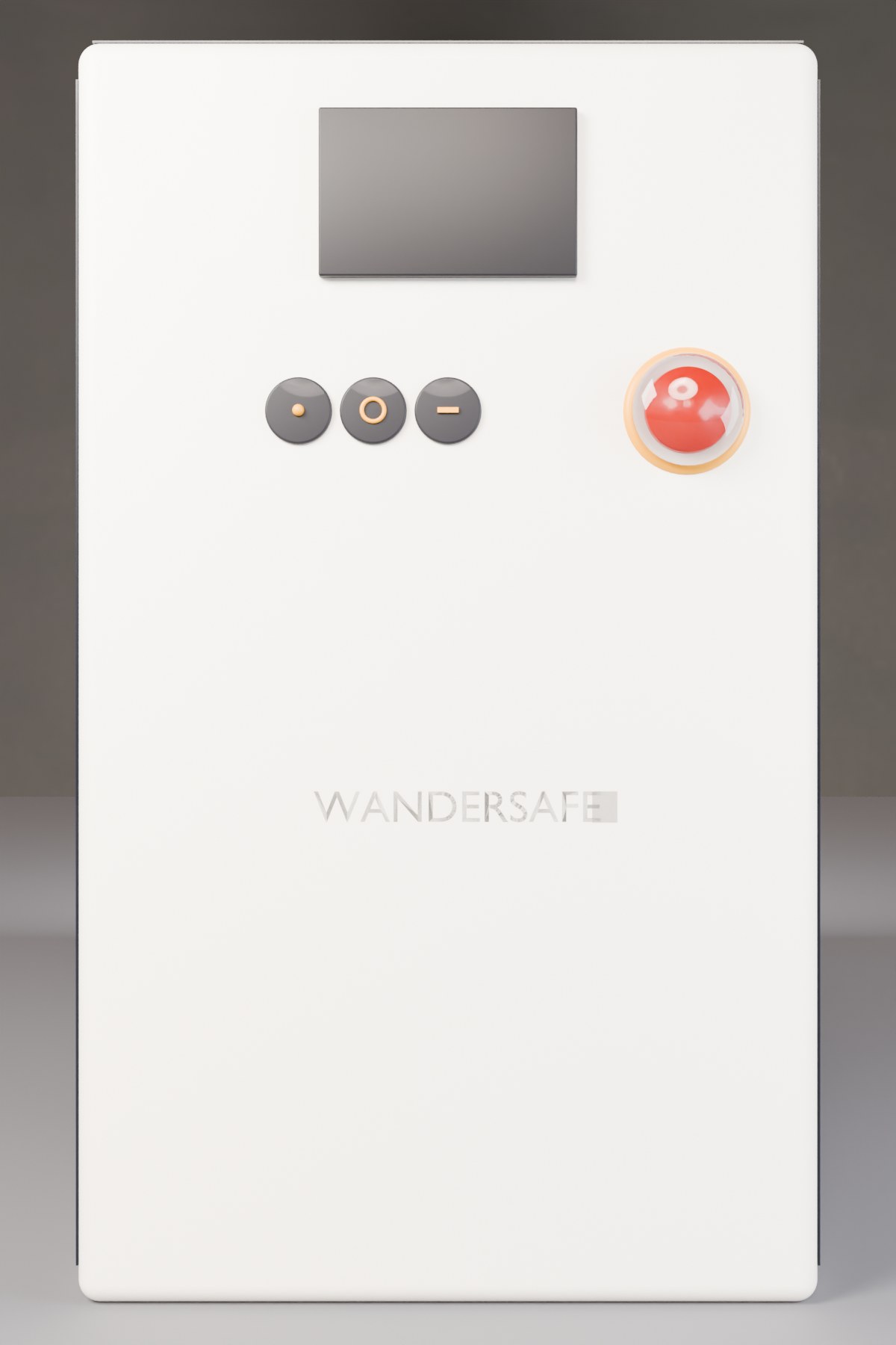 Front face: e-ink display, 3 nav buttons, panic button with flip-guard, WanderSafe wordmark.