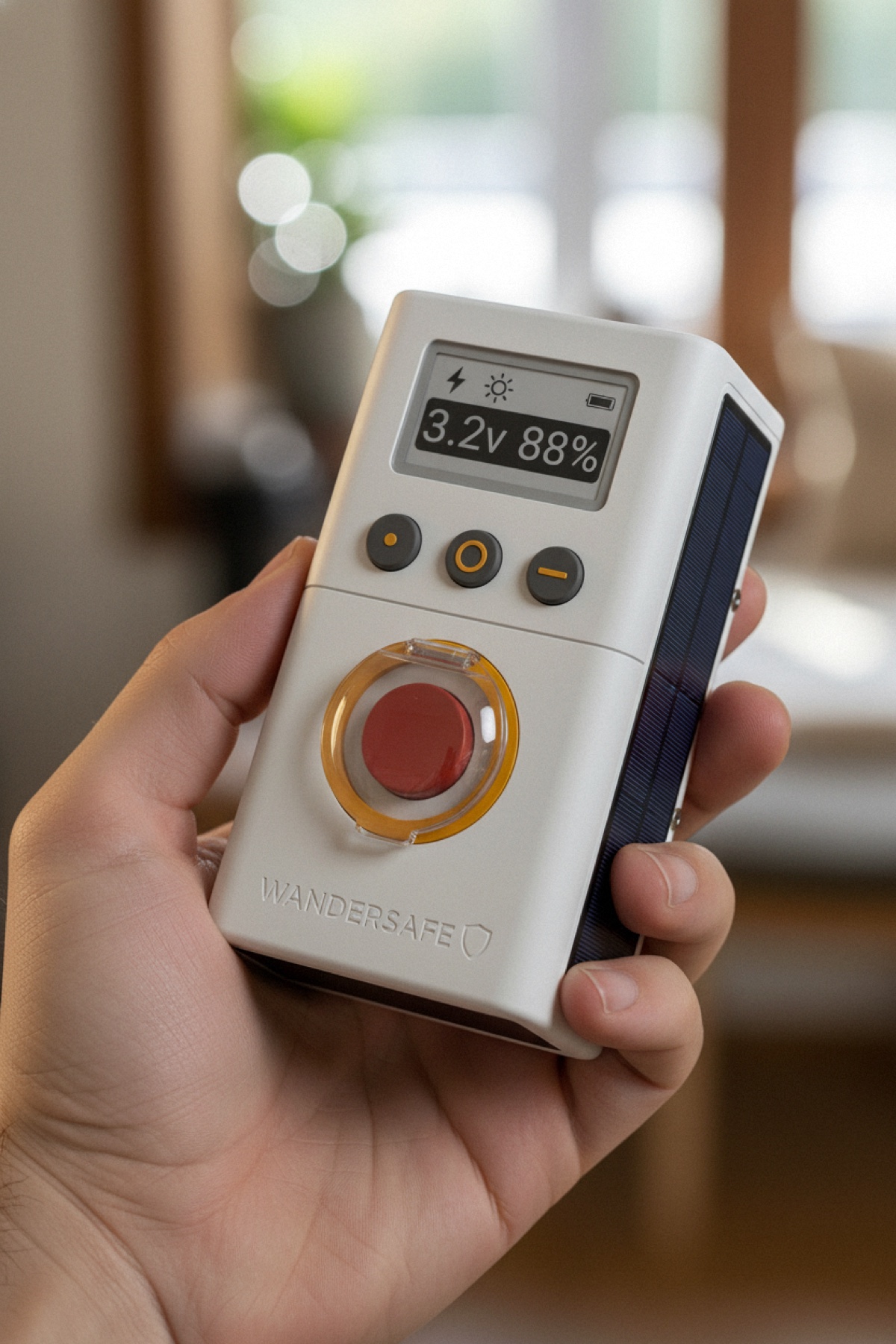 WanderSafeMesh node held in an adult hand — 100 × 60 × 170 mm palm-pocketable enclosure showing the e-ink display with battery and mesh-active status, three saffron-orange nav buttons, and large red panic button under a clear acrylic dome with saffron accent ring. Soft natural daylight, residential interior bokeh.