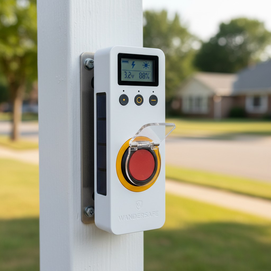 A WanderSafeMesh node mounted on a white-painted Little Free Library wooden post in a residential Miami neighborhood, with daylight, blurred suburban background, and the device's solar panel and stainless steel mounting bracket clearly visible.